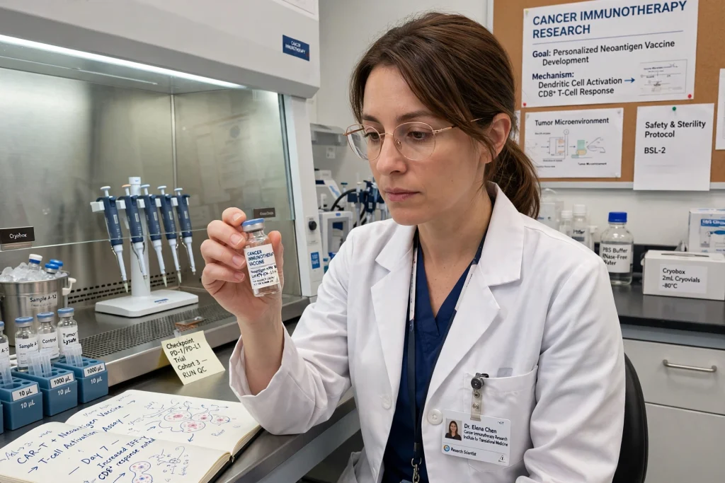 Doctor and researcher reviewing vaccine trial results on a screen