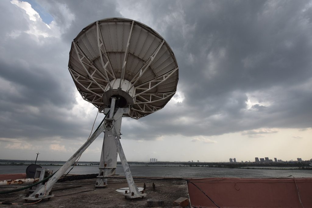 Satellite Dish Antenna With Overclouded Sky - Nalban Waterbody - Kolkata 2018-05-02 0328