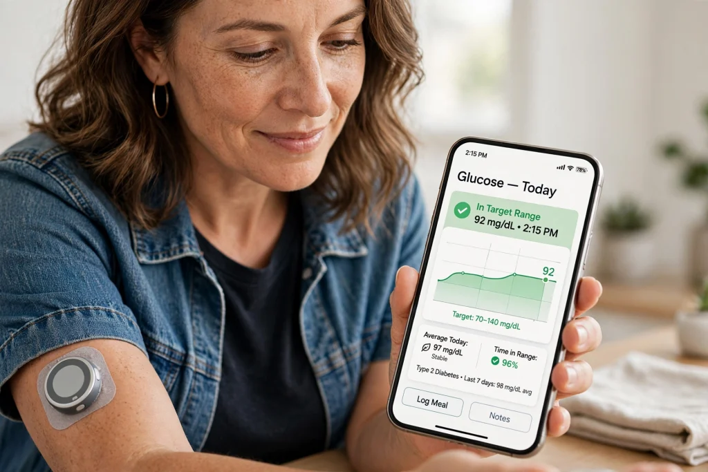 Person with type 2 diabetes wearing a continuous glucose monitor and checking blood sugar readings on a smartphone