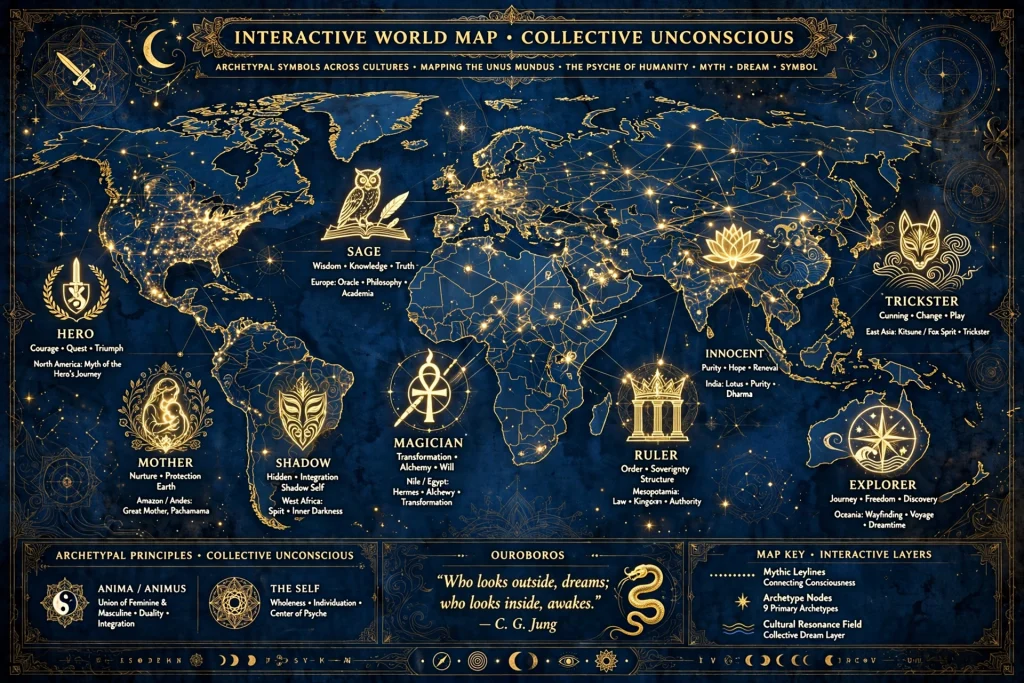 Interactive world atlas glowing with Jungian archetype symbols across different cultures and continents